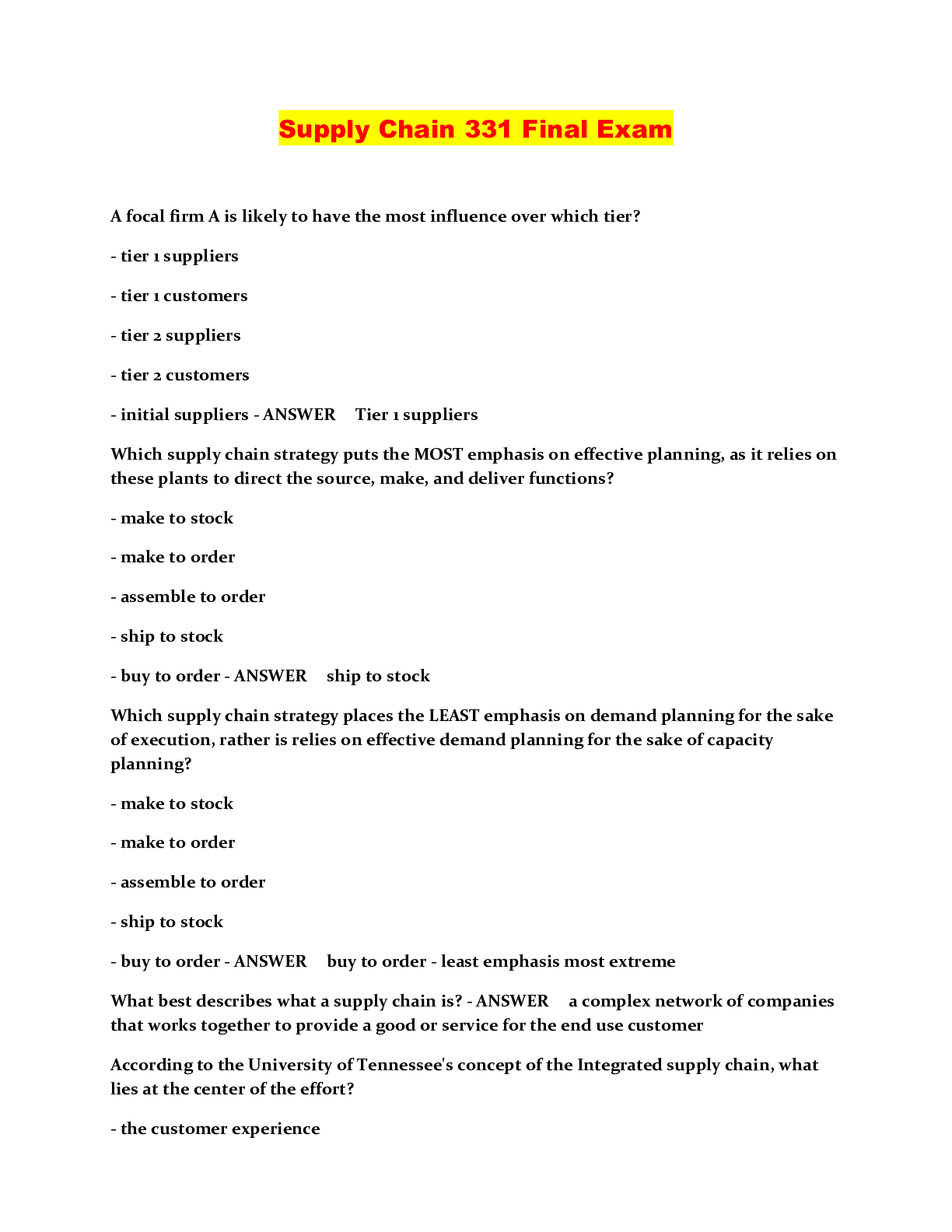 Supply Chain 331 Final Exam Browsegrades
